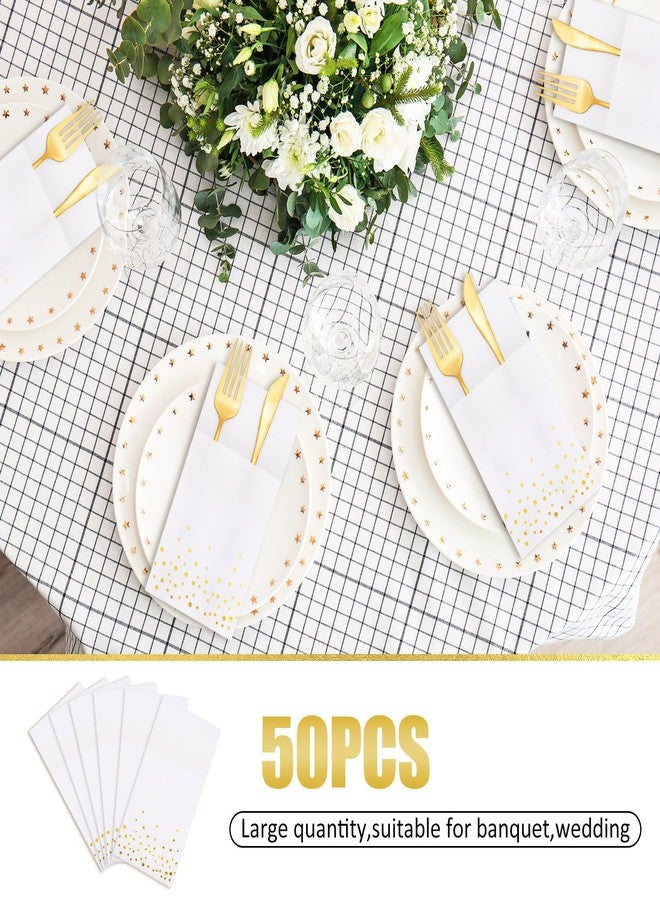 JarThenaAMCS 50Pcs Disposable Linen-Feel Dinner Napkins with Built-in Flatware Pockets White Gold Foil Dots Prefolded Cloth Like Paper Napkin with Cutlery Pouch for Dining Party Table Service Decor - Image 4